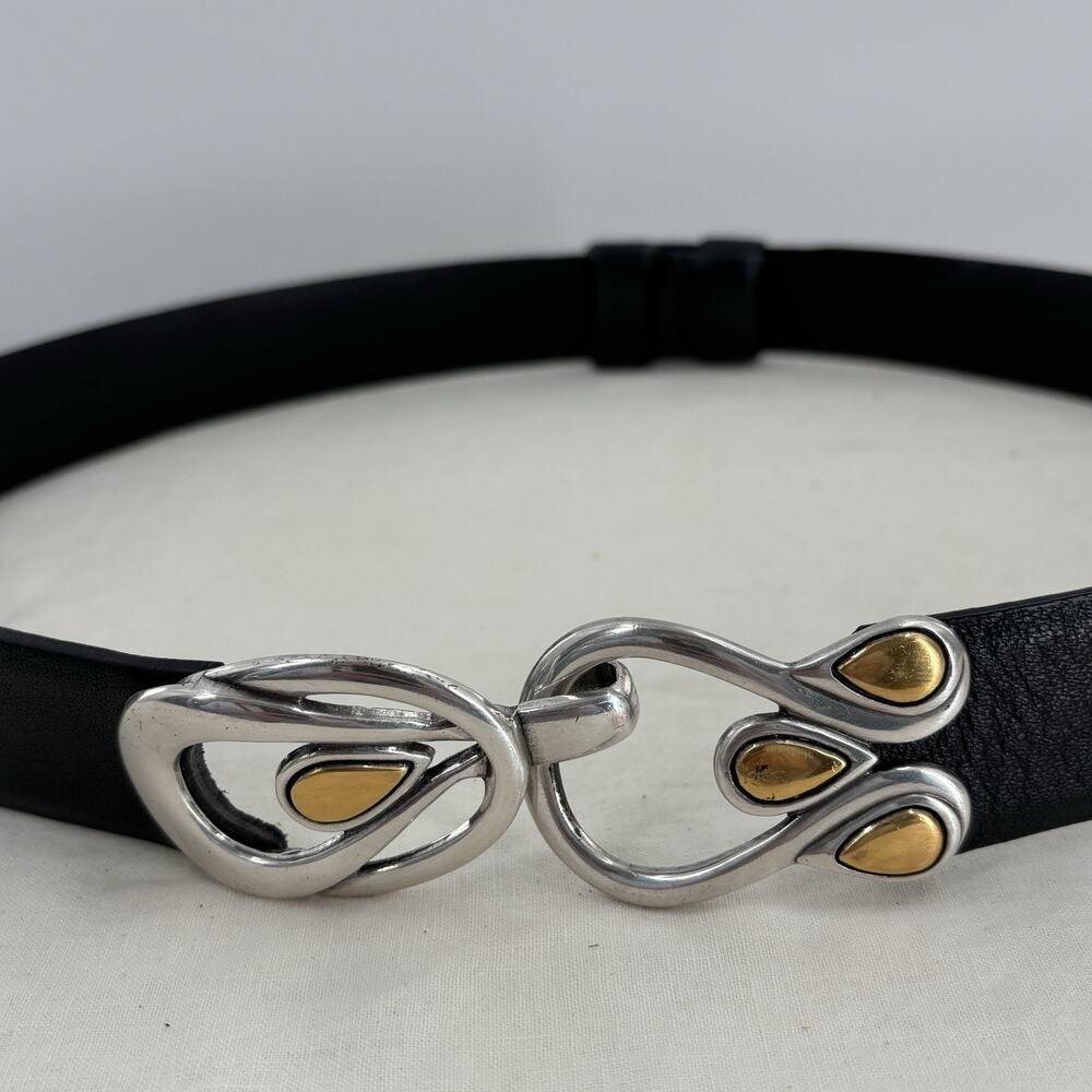 Chico’s Belt Size Large Black Leather Silver Gold Tone Sculptural Buckle 37"